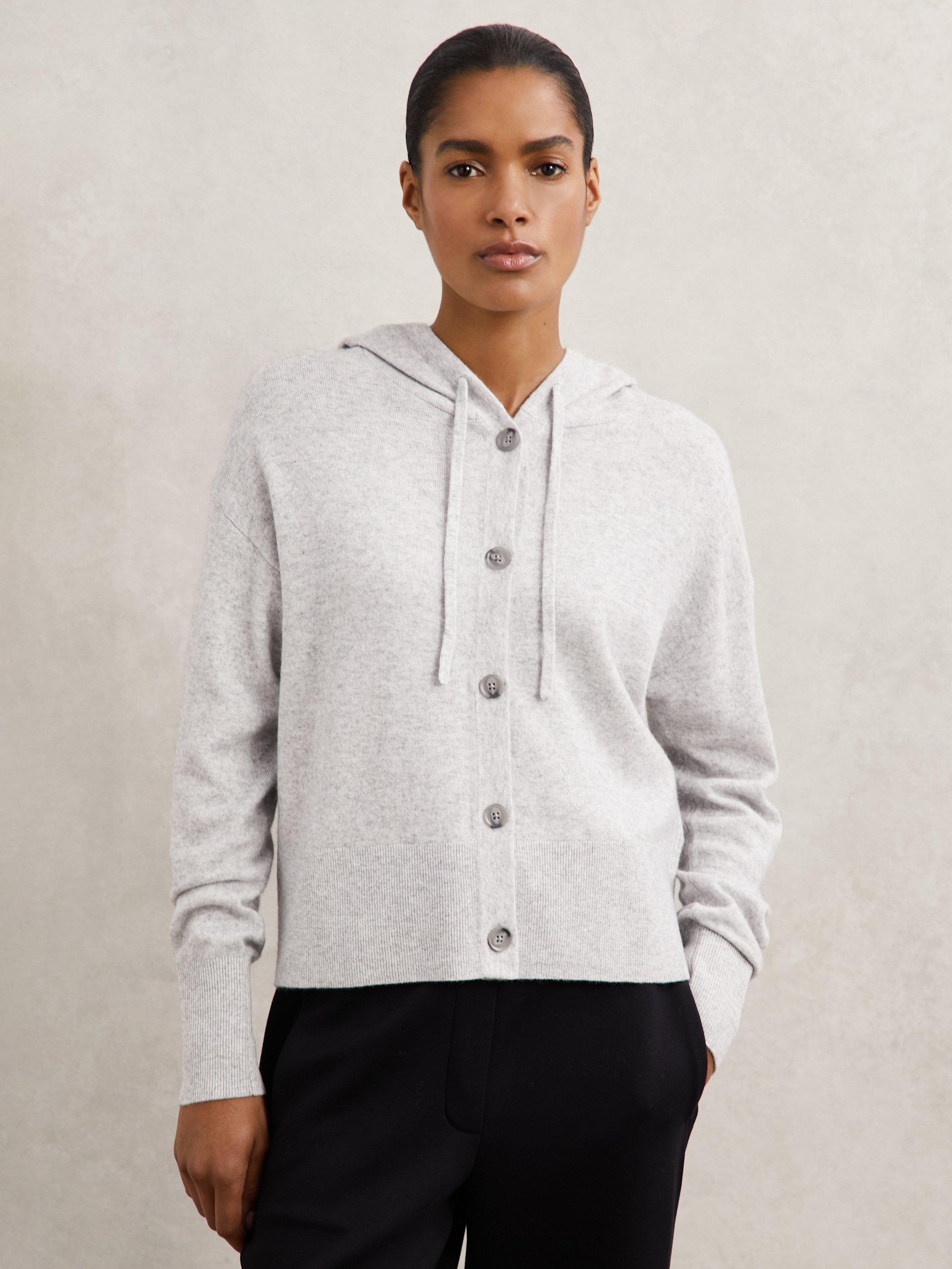 Product image 1 of 5, which shows Reiss Evie Wool & Cashmere Blend Button Up Hoodie, Grey, S