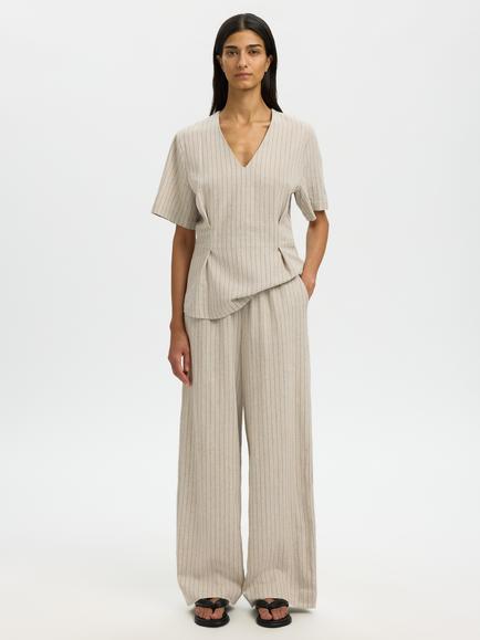 Selected Mariam Wide Leg Linen Blend Trousers, Nature Stripe, Nature Stripe