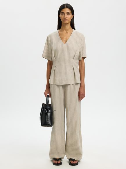 Selected Mariam Wide Leg Linen Blend Trousers, Nature Stripe - view 2, Nature Stripe