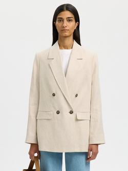 Selected Ida Longline Linen Oversized Blazer, Cream, Cream