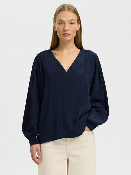 Selected Fiona V-Neck Long Sleeve Blouse, Dark Sapphire, Dark Sapphire