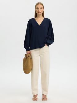 Selected Fiona V-Neck Long Sleeve Blouse, Dark Sapphire - view 2, Dark Sapphire