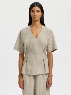 Selected Mariam Linen Blend V-Neck Smock Top, Nature Stripes, Nature Stripes
