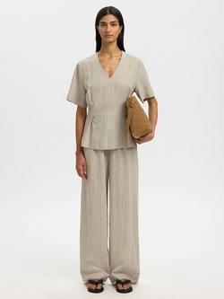 Selected Mariam Linen Blend V-Neck Smock Top, Nature Stripes - view 2, Nature Stripes