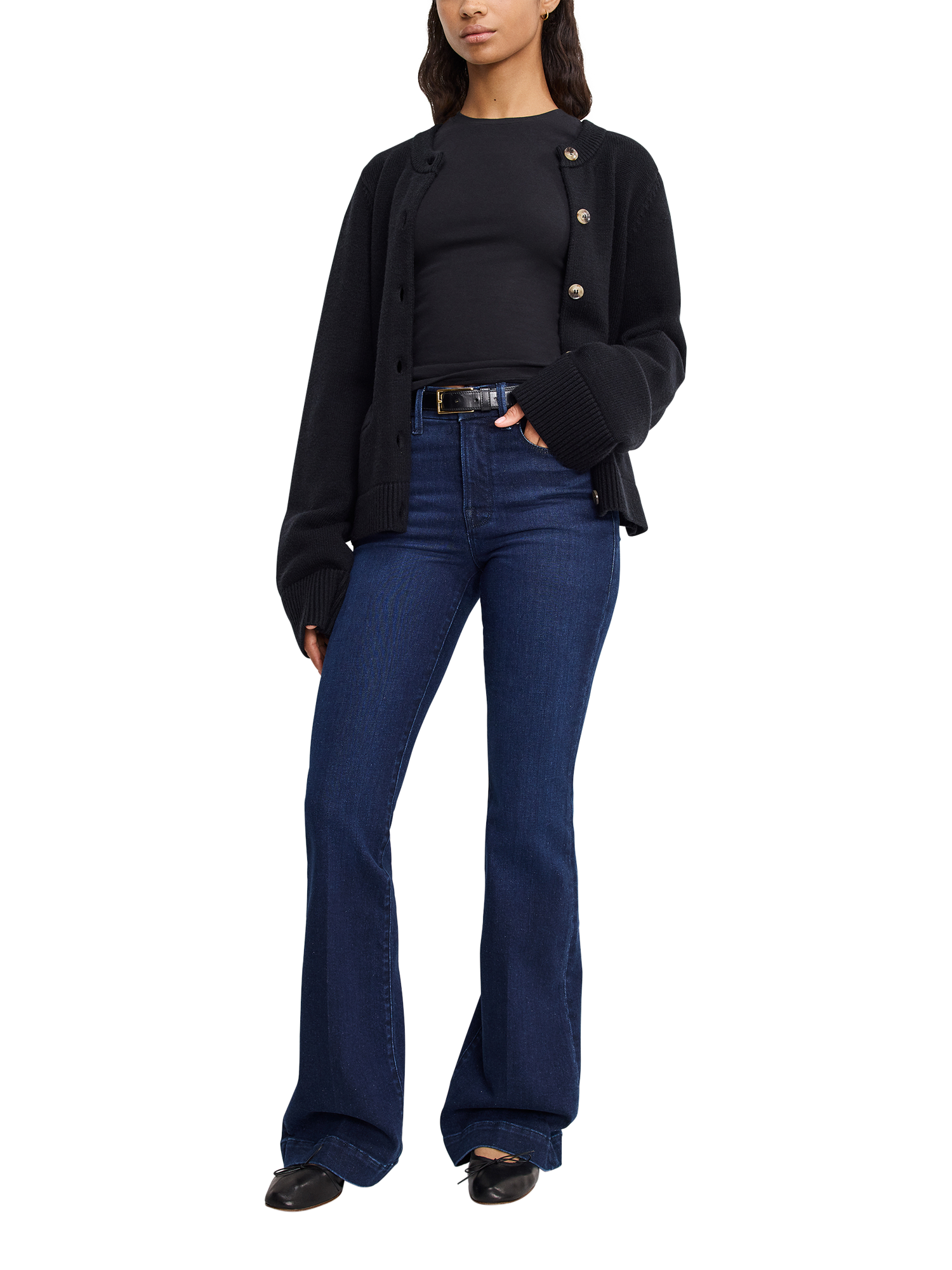 Product image 1 of 6, which shows Good American Good Legs Flared Compression Jeans, Dark Blue, 24