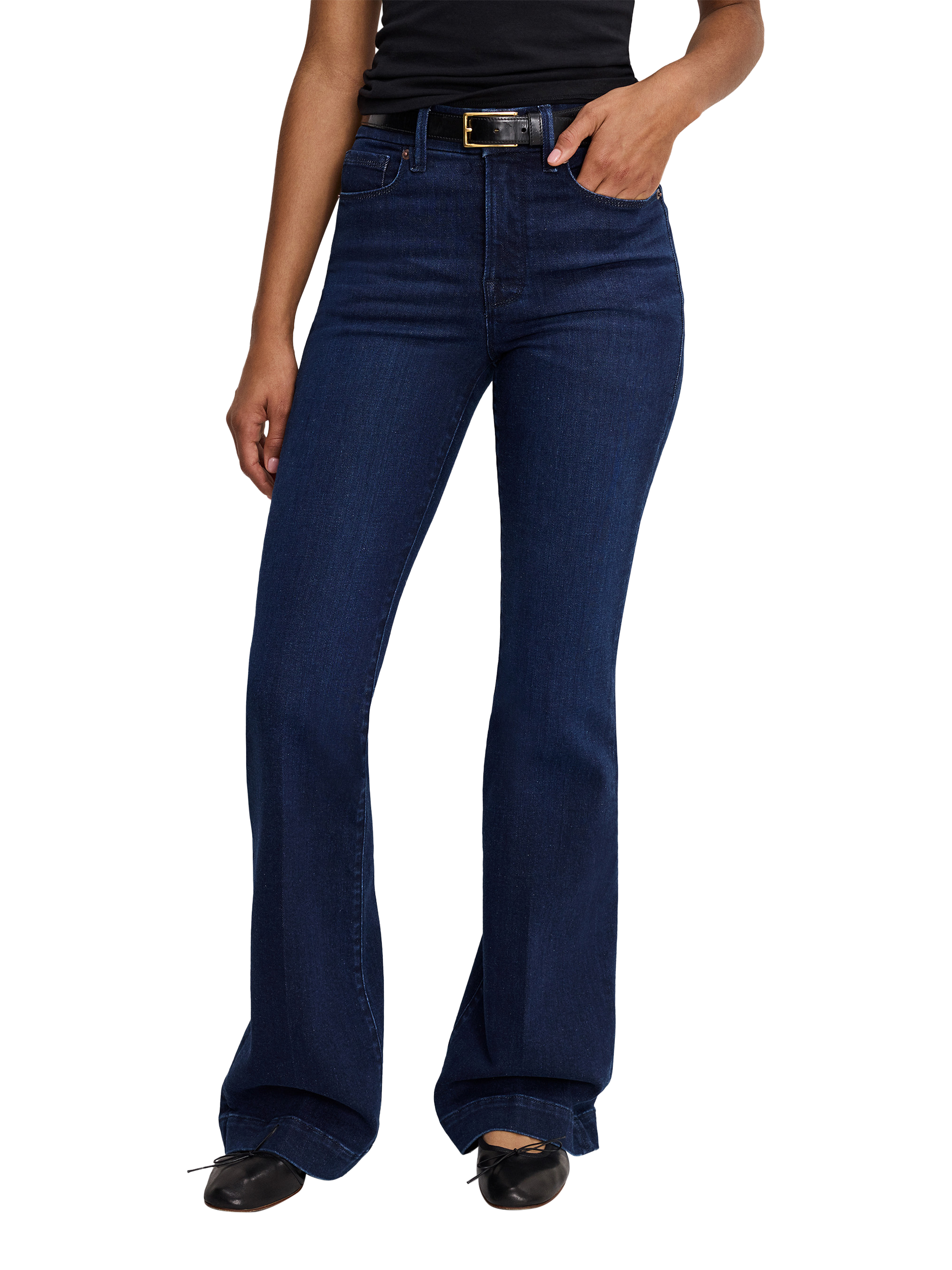 Product image 2 of 6, which shows Good American Good Legs Flared Compression Jeans, Dark Blue, 24