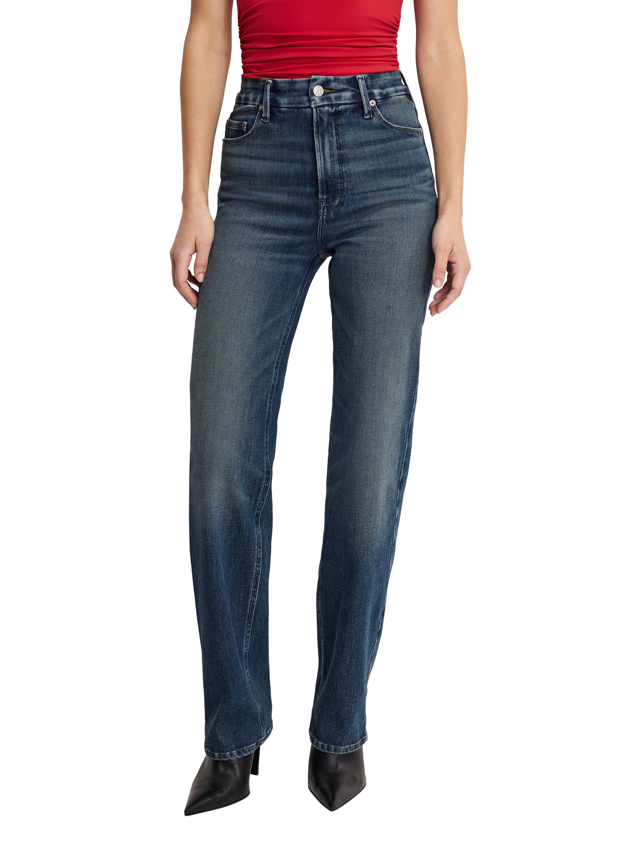Product image 1 of 6, which shows Good American Good True Straight Jeans, Dark Blue, 24