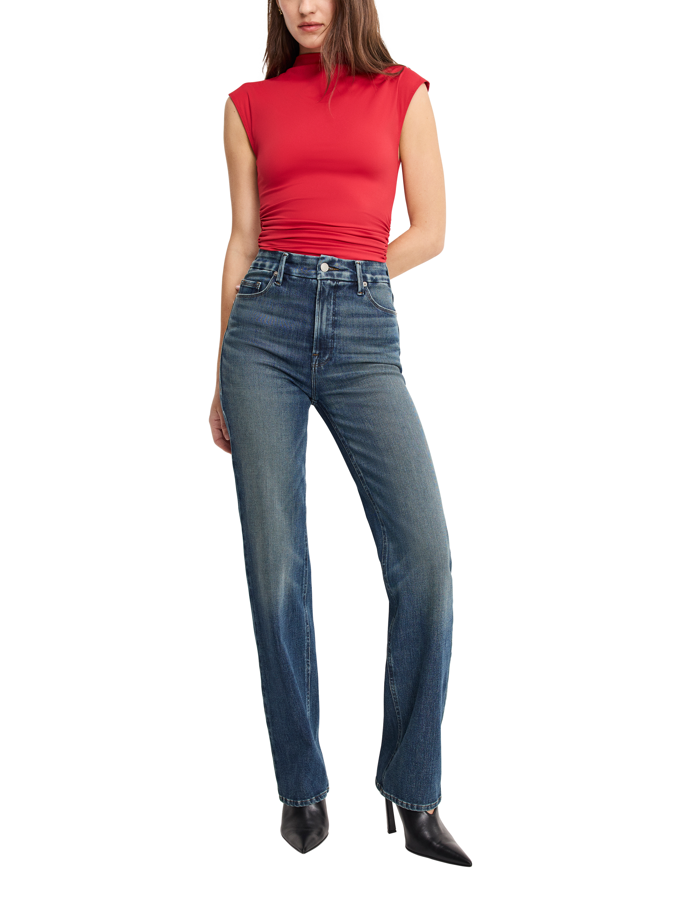 Product image 4 of 6, which shows Good American Good True Straight Jeans, Dark Blue, 24