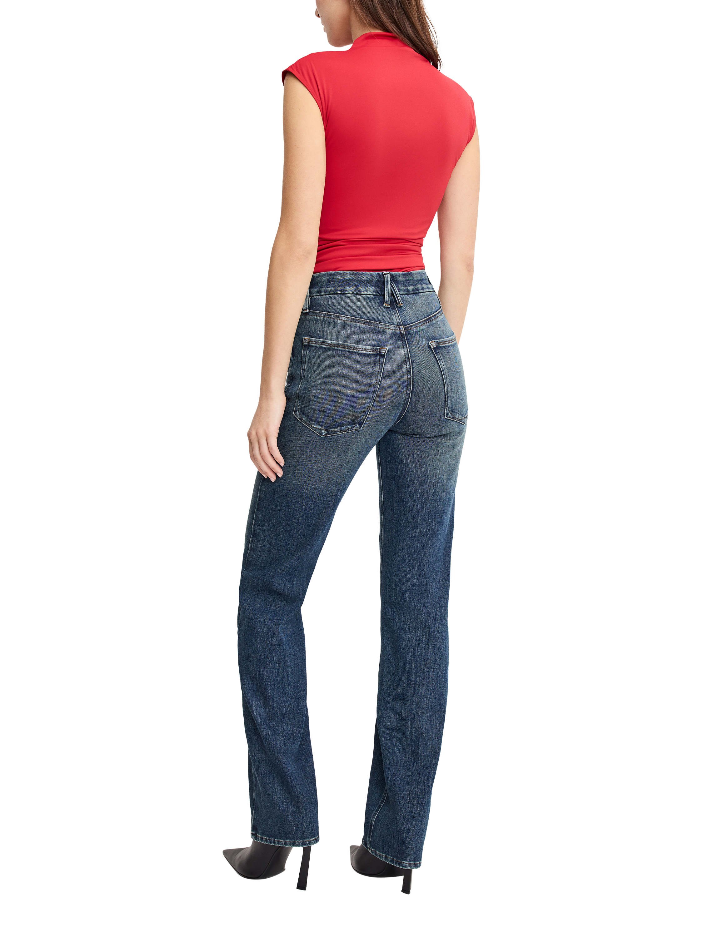 Product image 6 of 6, which shows Good American Good True Straight Jeans, Dark Blue, 24