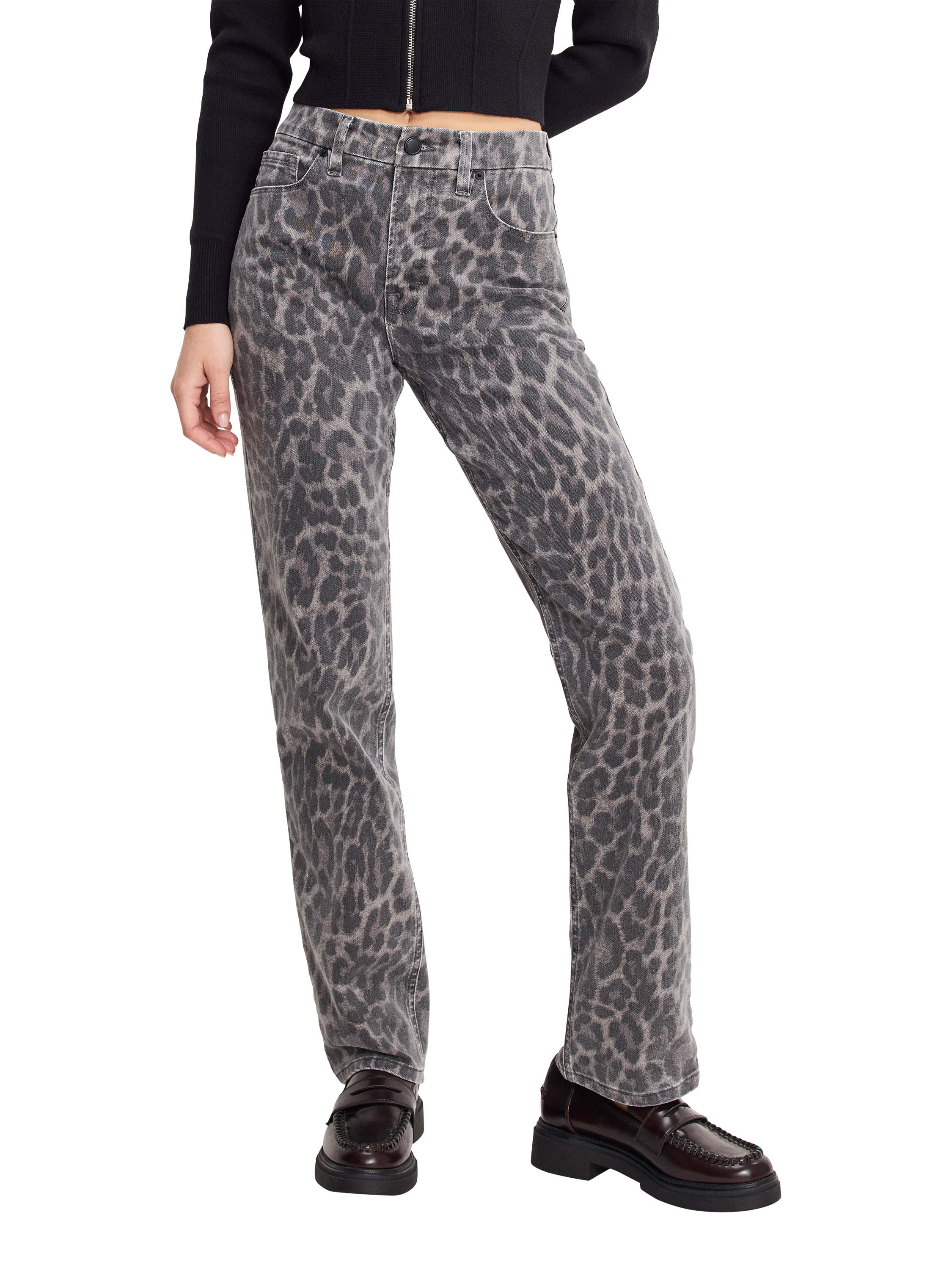 Product image 2 of 6, which shows Good American Good Icon Leopard Print Straight Jeans, Grey Multi, 24