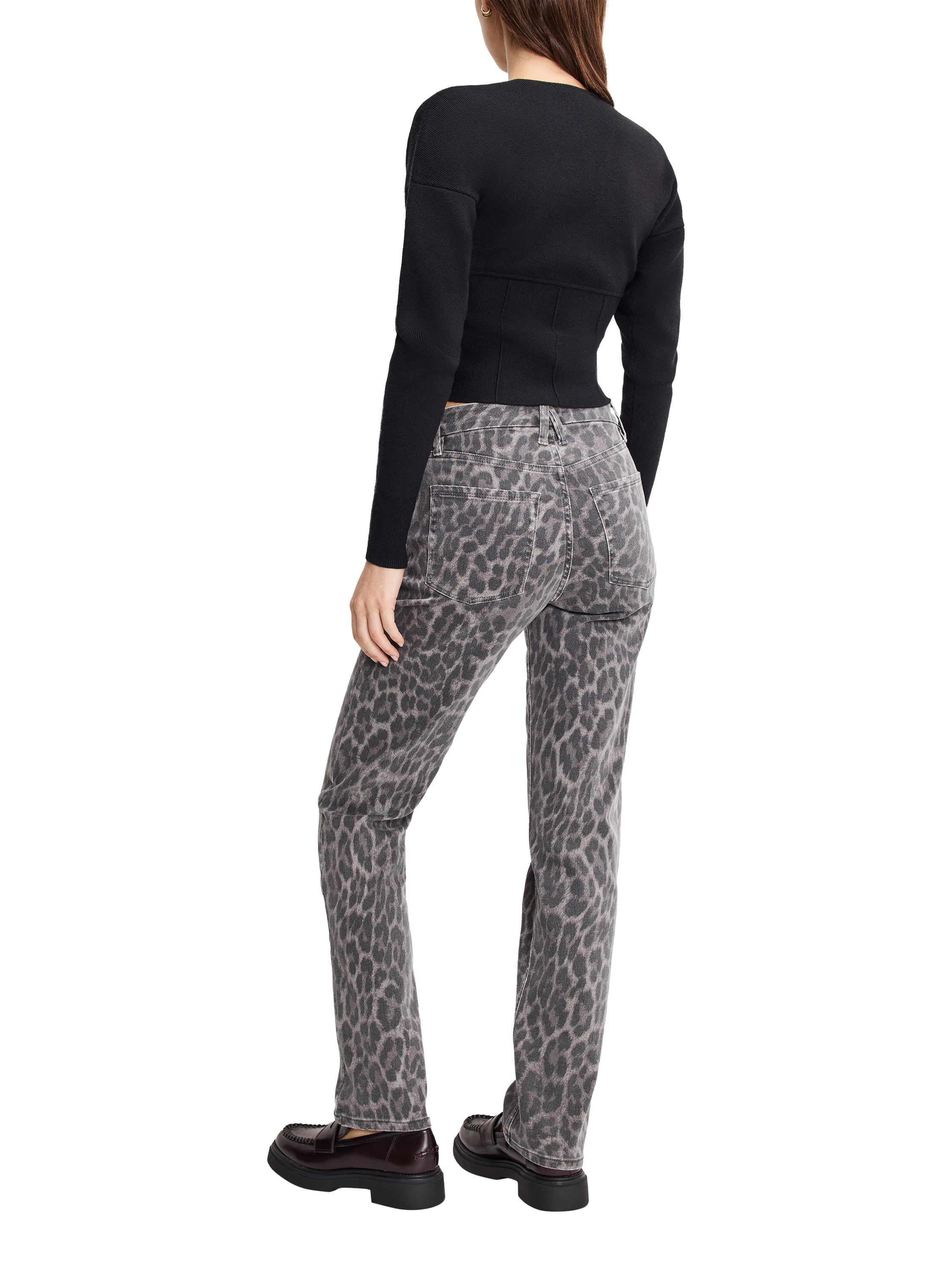 Product image 3 of 6, which shows Good American Good Icon Leopard Print Straight Jeans, Grey Multi, 24