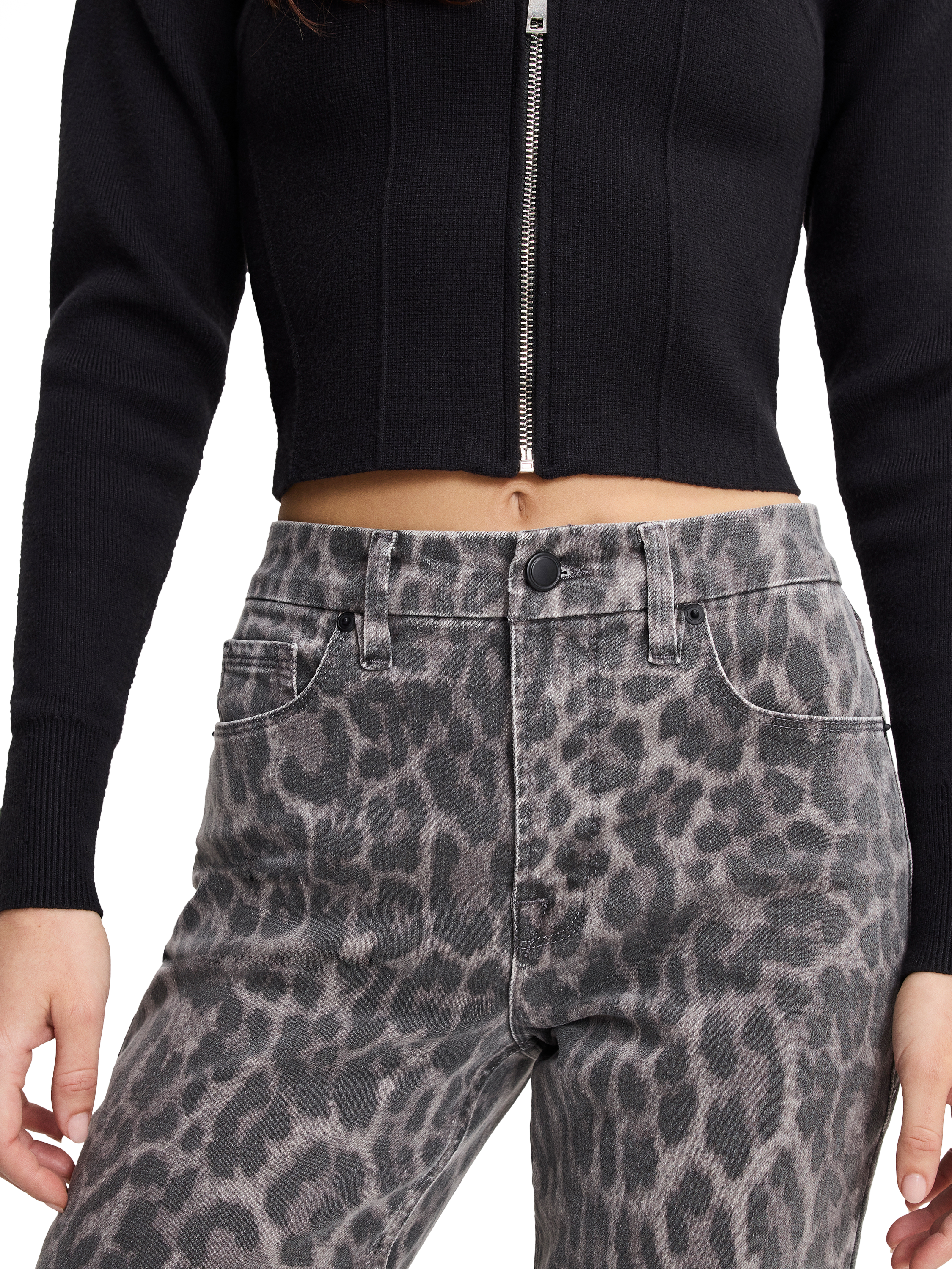 Product image 4 of 6, which shows Good American Good Icon Leopard Print Straight Jeans, Grey Multi, 24