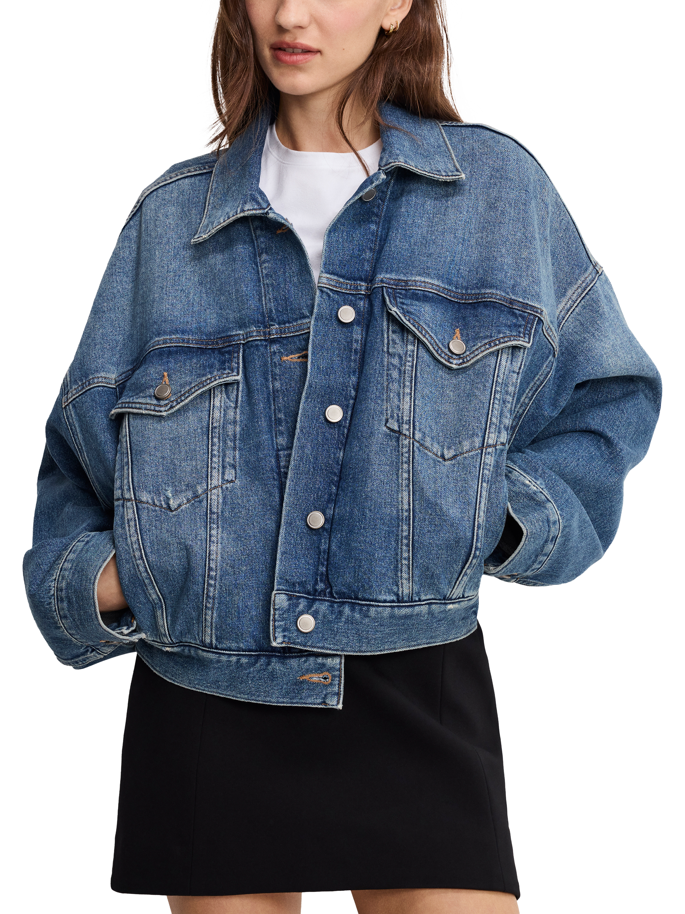 Product image 1 of 4, which shows Good American Crop Pleated Trucker Jacket, Blue, XS