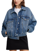 Good American Crop Pleated Trucker Jacket, Blue