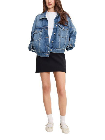 Good American Crop Pleated Trucker Jacket, Blue - view 2, Blue