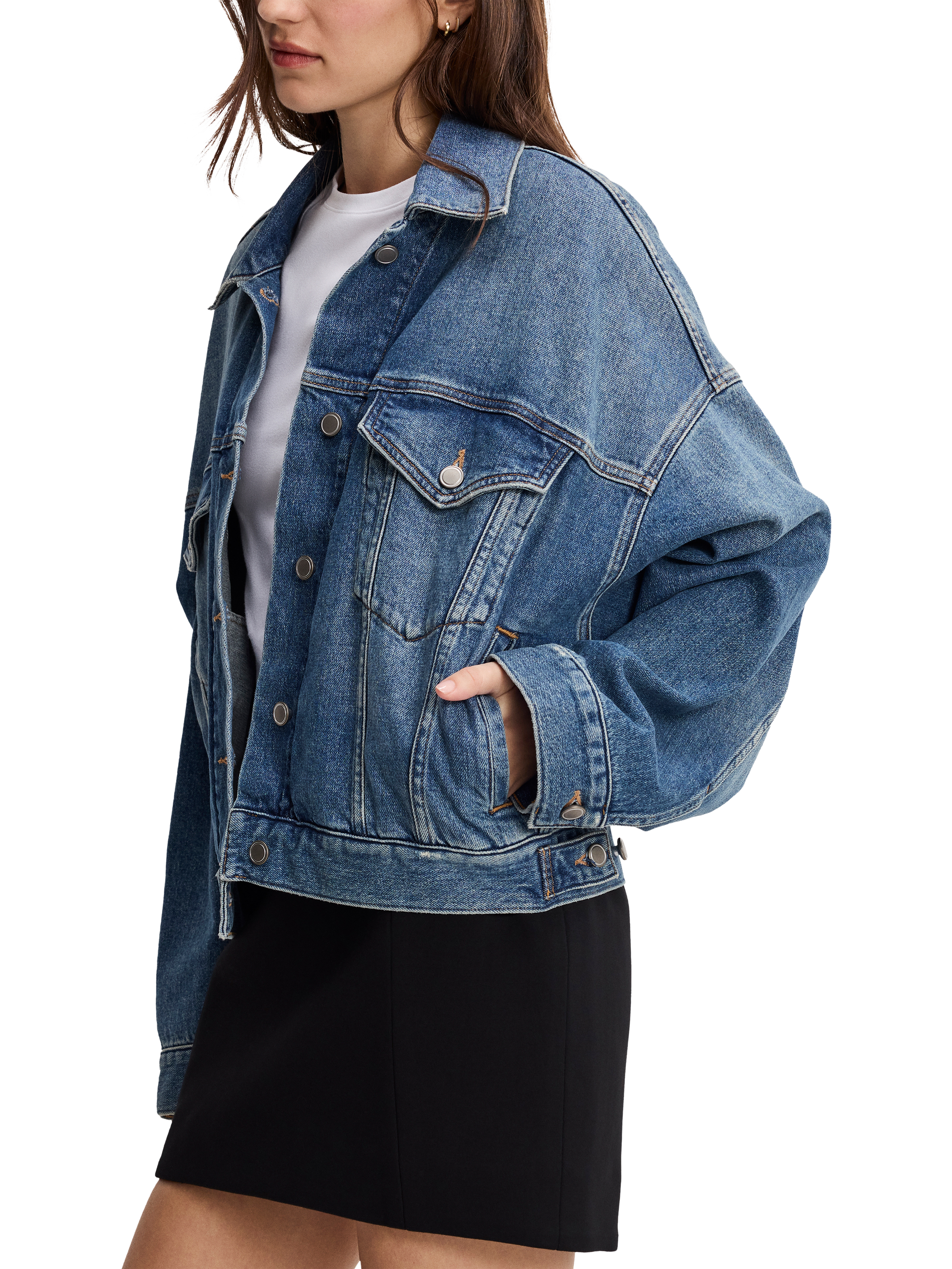 Product image 3 of 4, which shows Good American Crop Pleated Trucker Jacket, Blue, XS