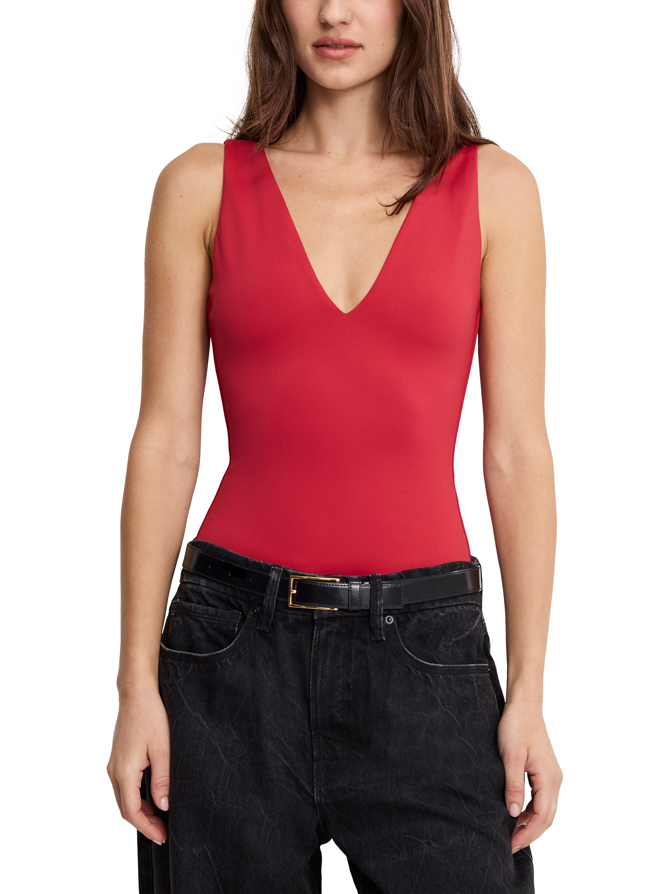 Product image 2 of 4, which shows Good American Deep V-Neck Sculpting Scuba Bodysuit, Red, XS