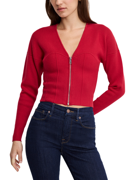 Good American Bustier Zip Sweater, Red, Red