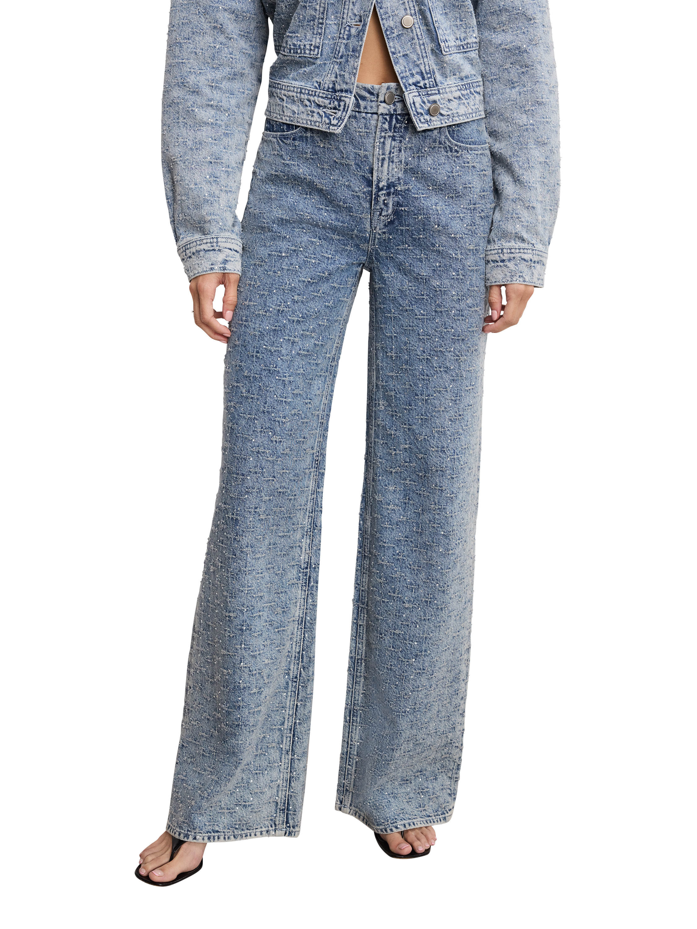 Product image 1 of 6, which shows Good American Good Skate Crystal Jeans, Light Blue, 24