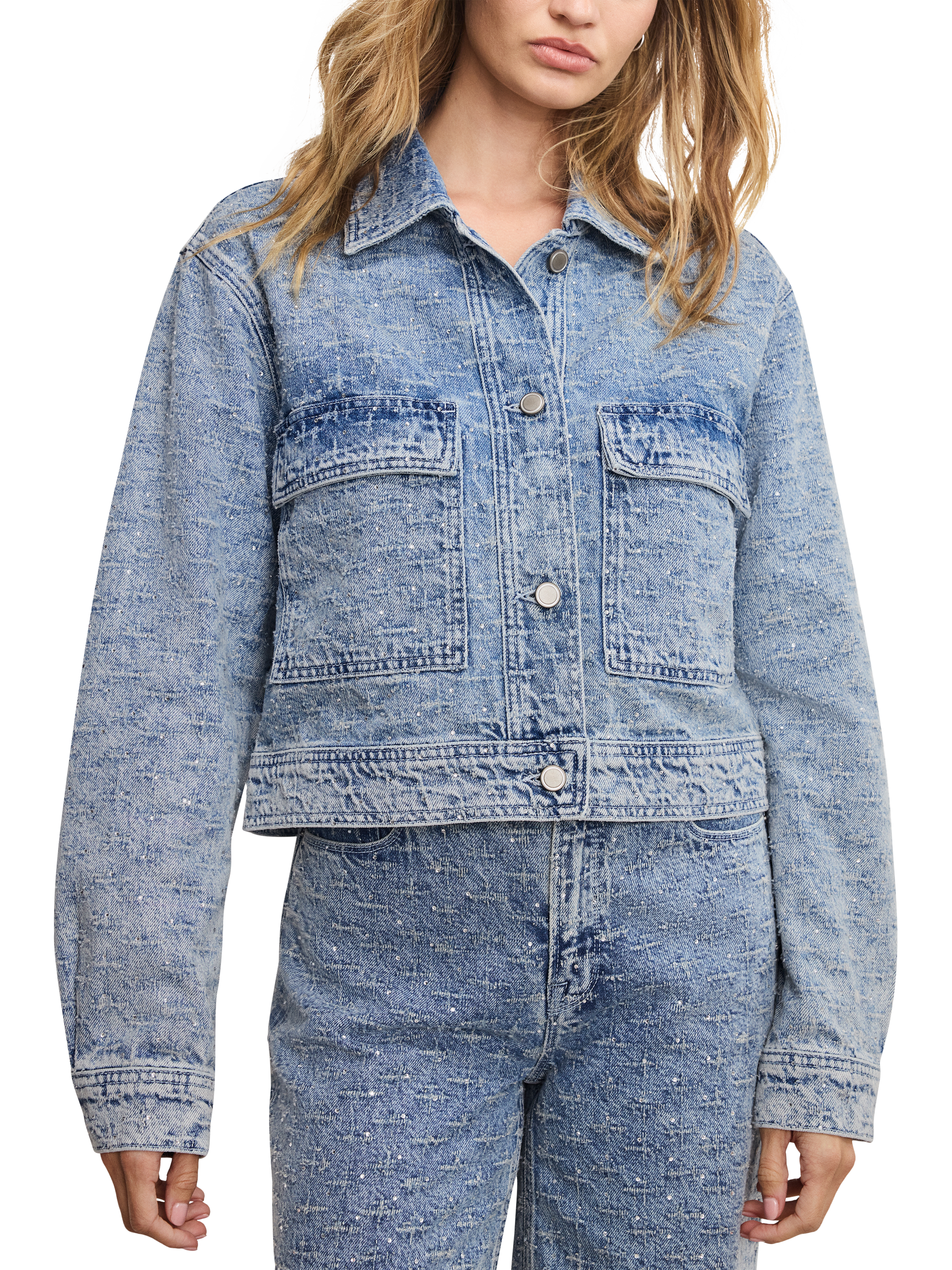 Product image 1 of 5, which shows Good American Crystal Embellished Denim Jacket, Light Blue, XS