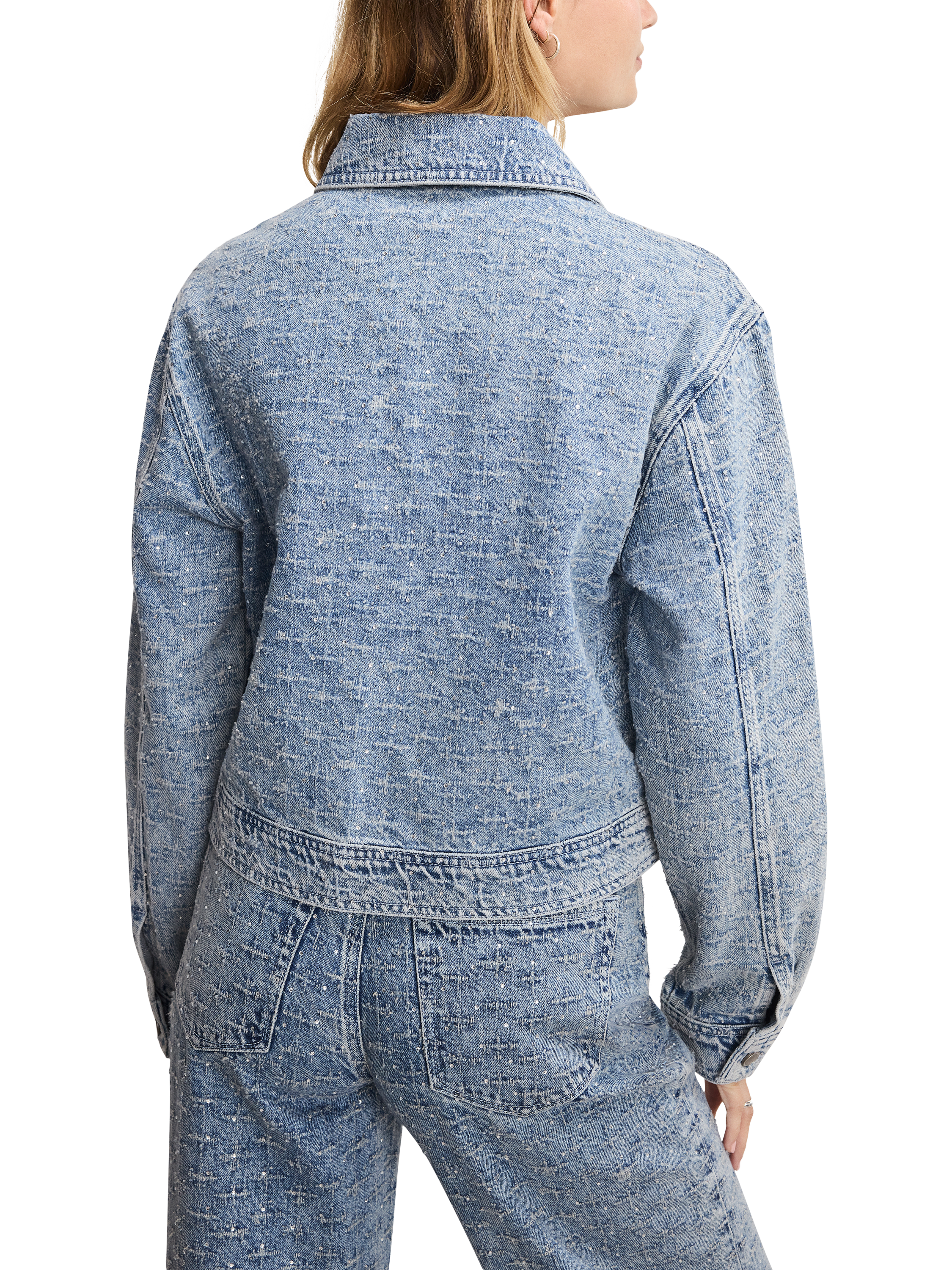 Product image 3 of 5, which shows Good American Crystal Embellished Denim Jacket, Light Blue, XS