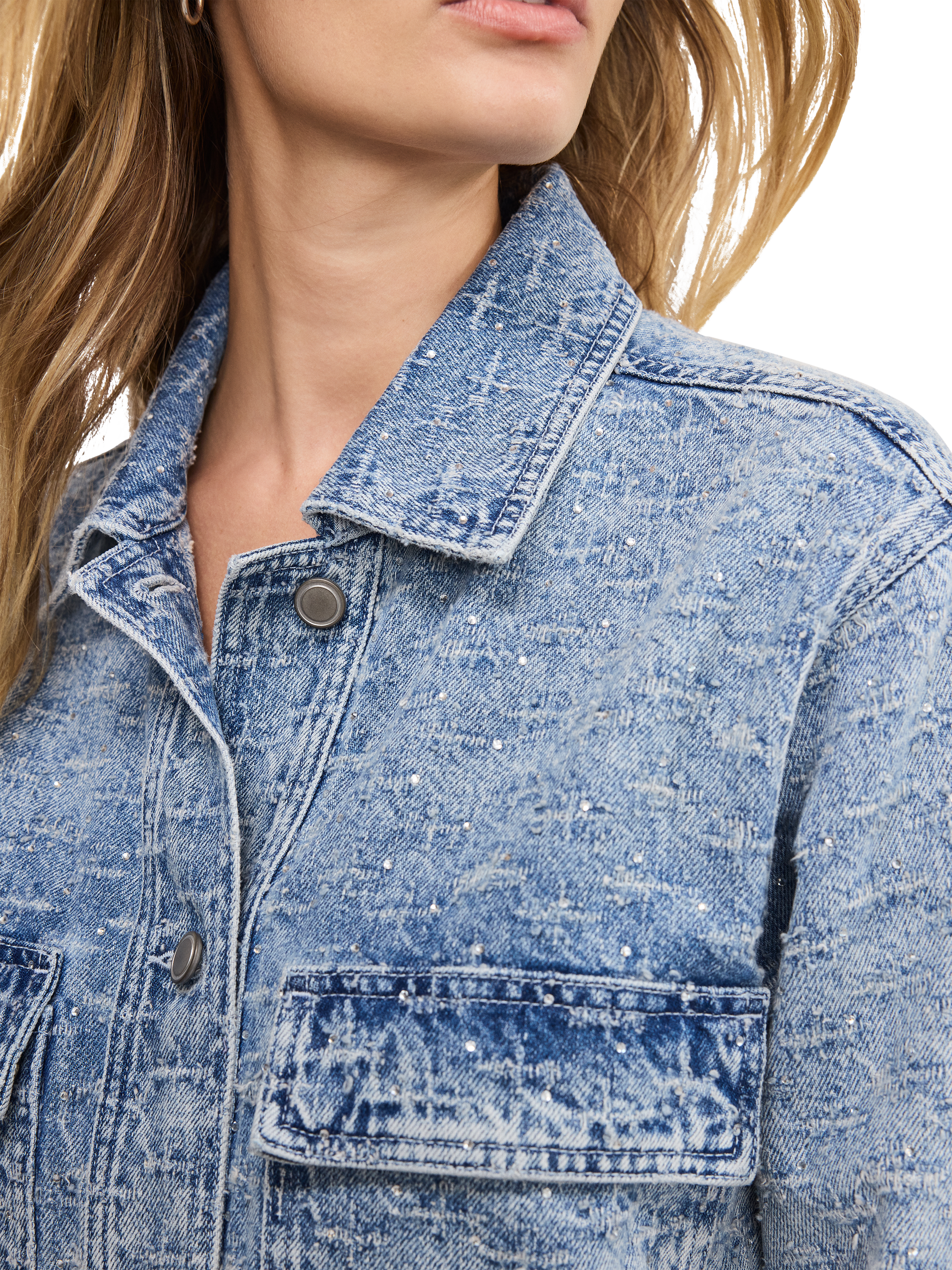 Product image 4 of 5, which shows Good American Crystal Embellished Denim Jacket, Light Blue, XS