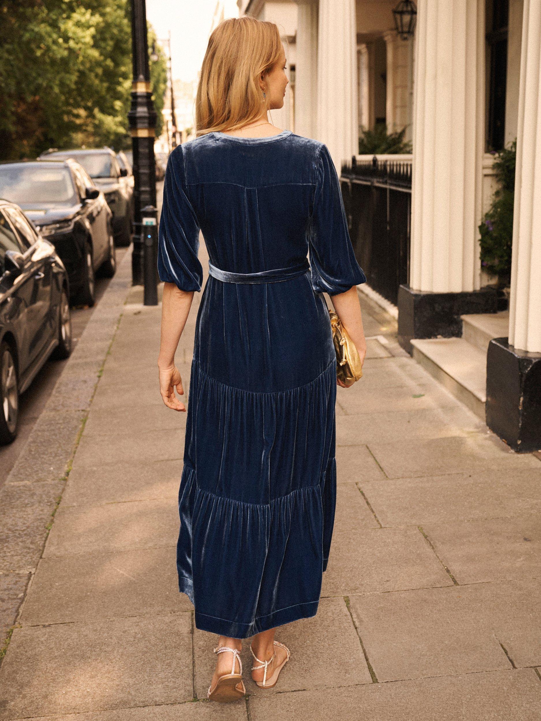 Product image 6 of 7, which shows NRBY Addy Silk Blend Tiered Dress, Denim Blue, S