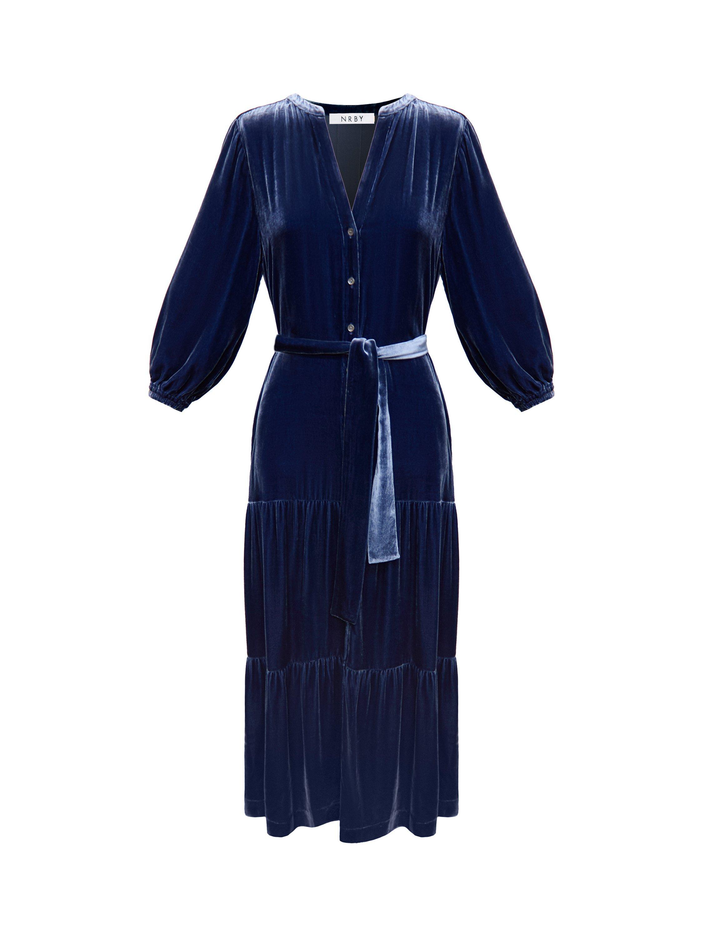 Product image 7 of 7, which shows NRBY Addy Silk Blend Tiered Dress, Denim Blue, S