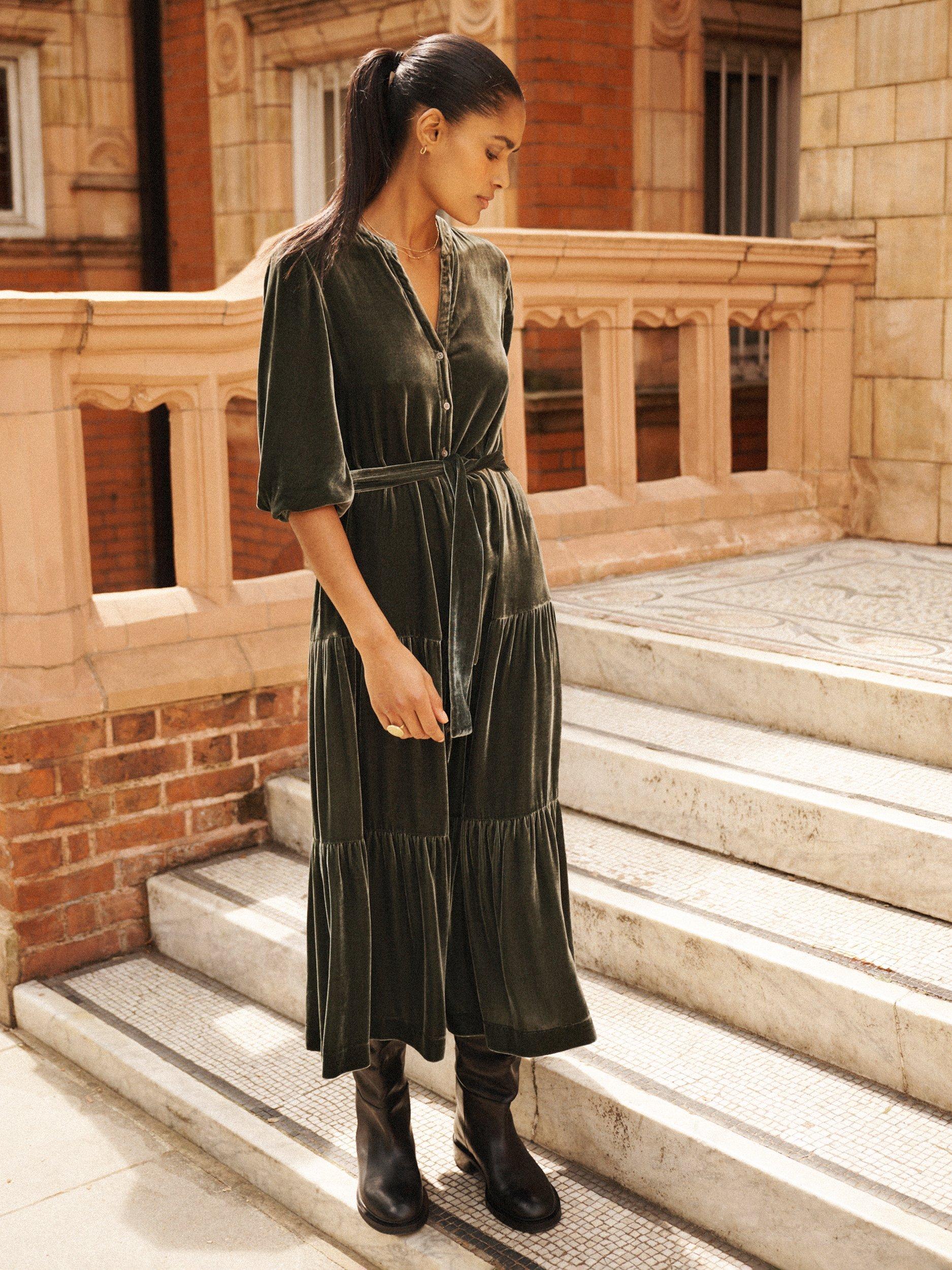 Product image 5 of 9, which shows NRBY Addy Silk Blend Tiered Dress, Khaki, XS