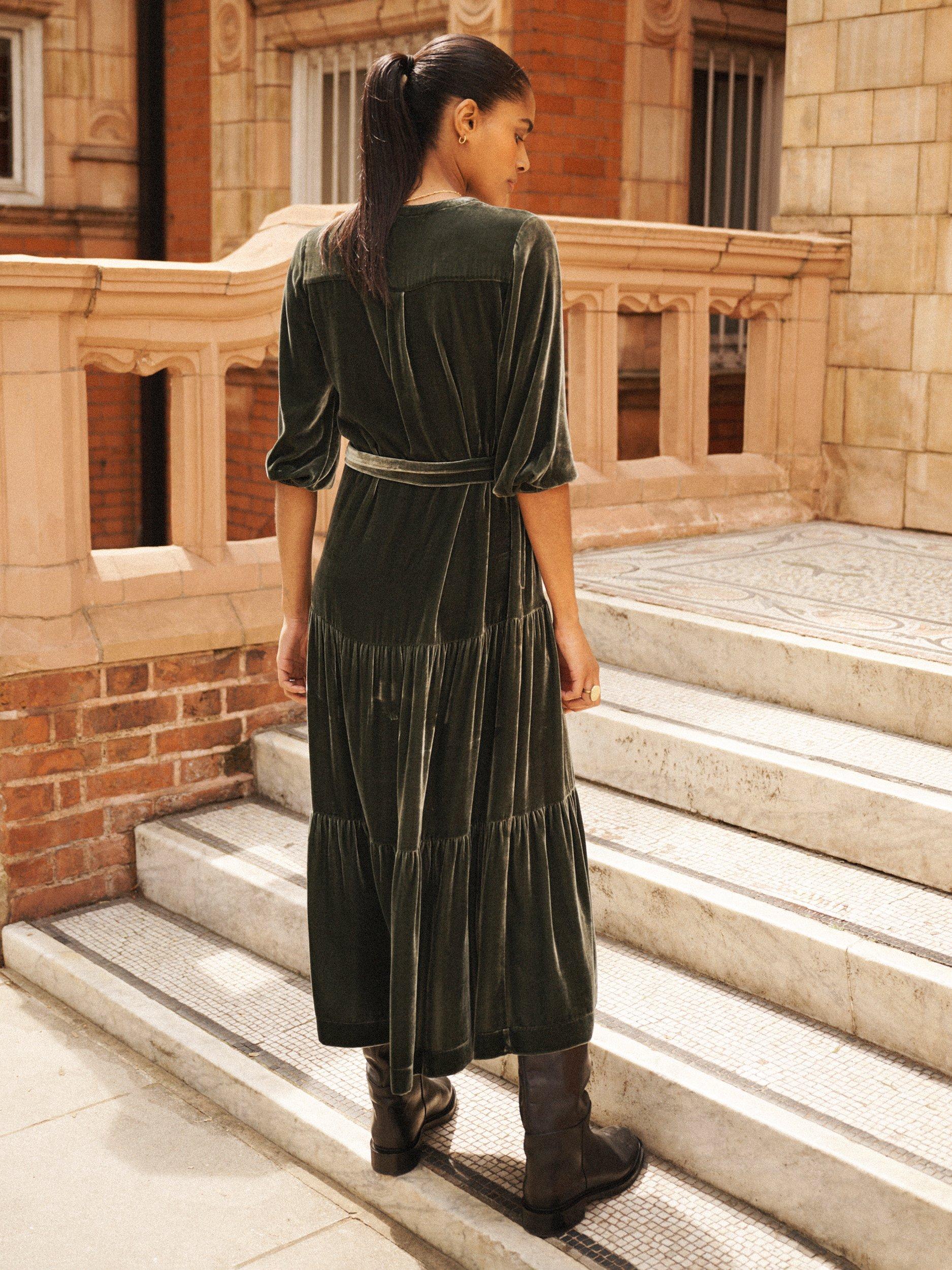 Product image 6 of 9, which shows NRBY Addy Silk Blend Tiered Dress, Khaki, XS