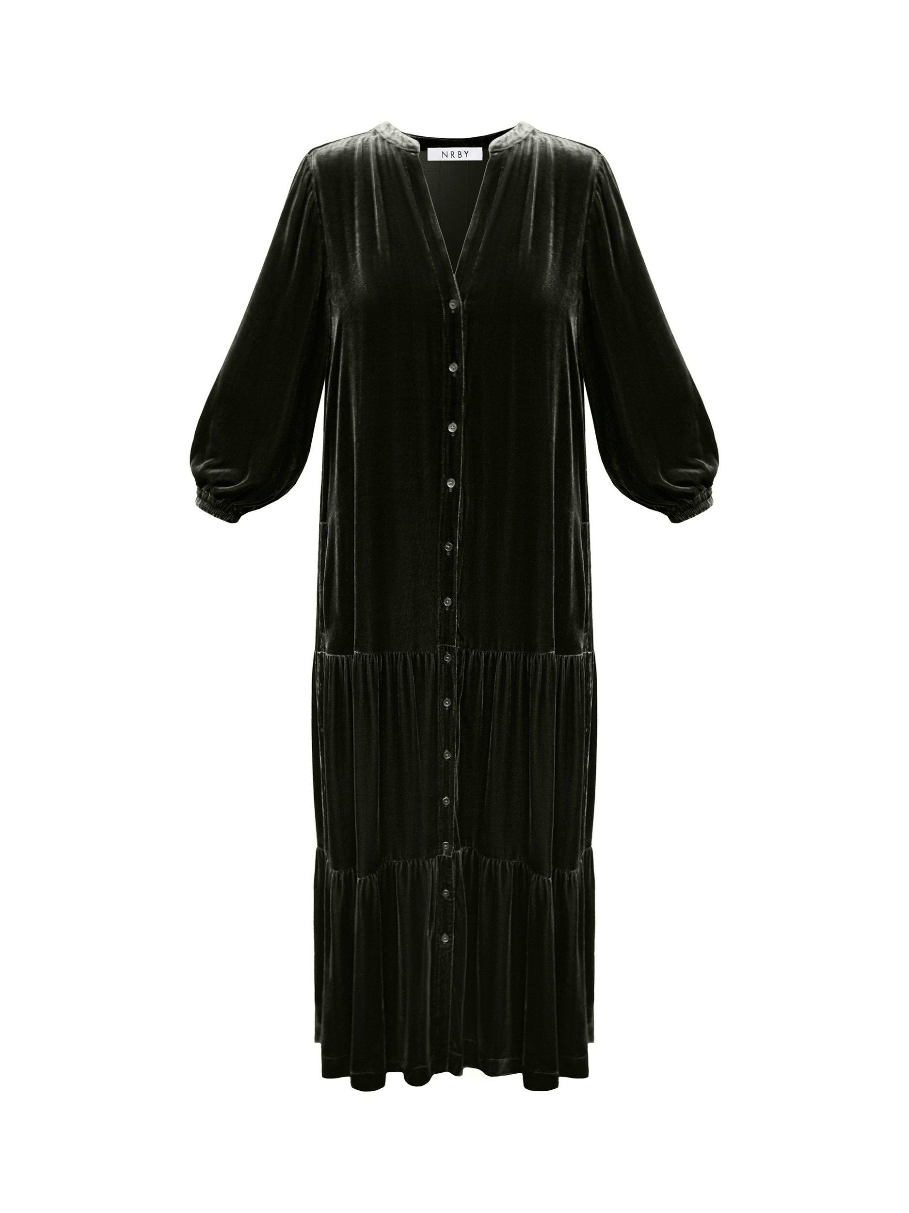 Product image 9 of 9, which shows NRBY Addy Silk Blend Tiered Dress, Khaki, XS