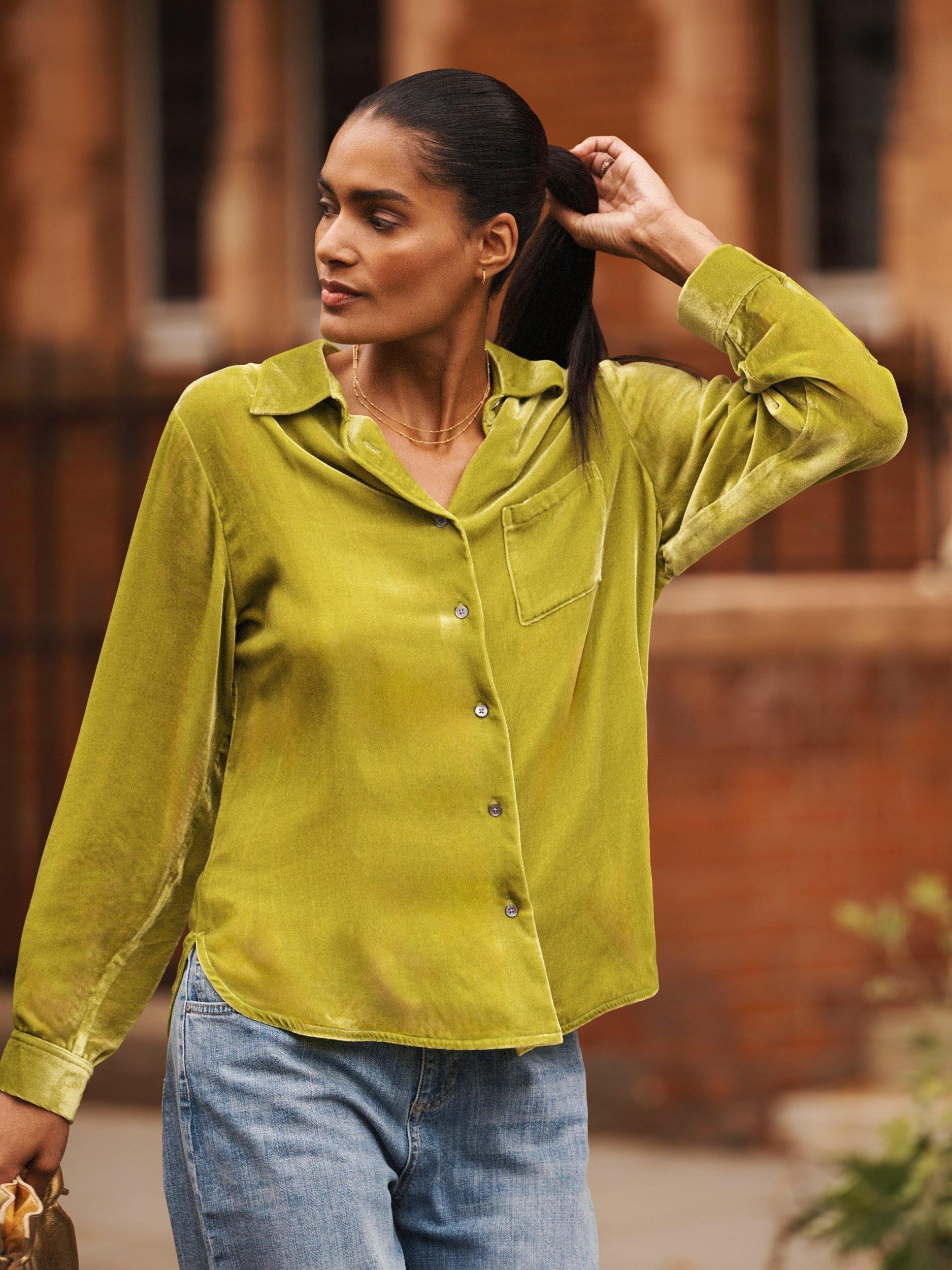 Product image 1 of 7, which shows NRBY Chiara Silk Blend Long Sleeve Collar Blouse, Olive, XS
