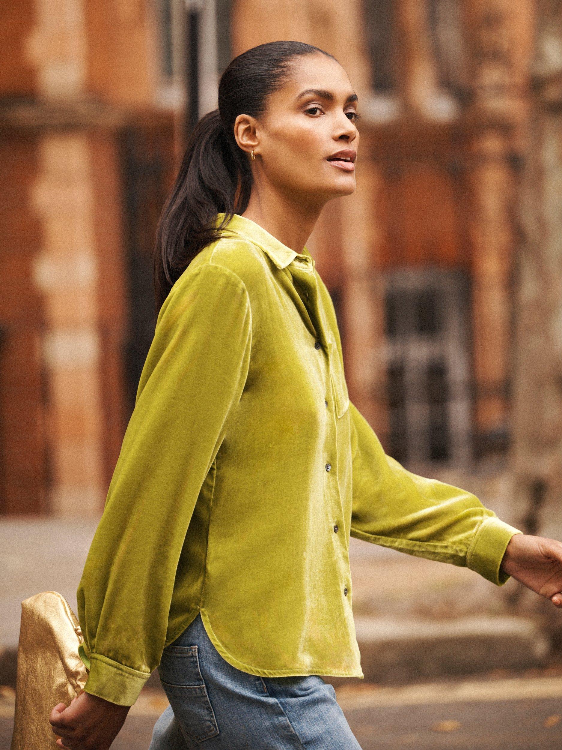 Product image 2 of 7, which shows NRBY Chiara Silk Blend Long Sleeve Collar Blouse, Olive, XS