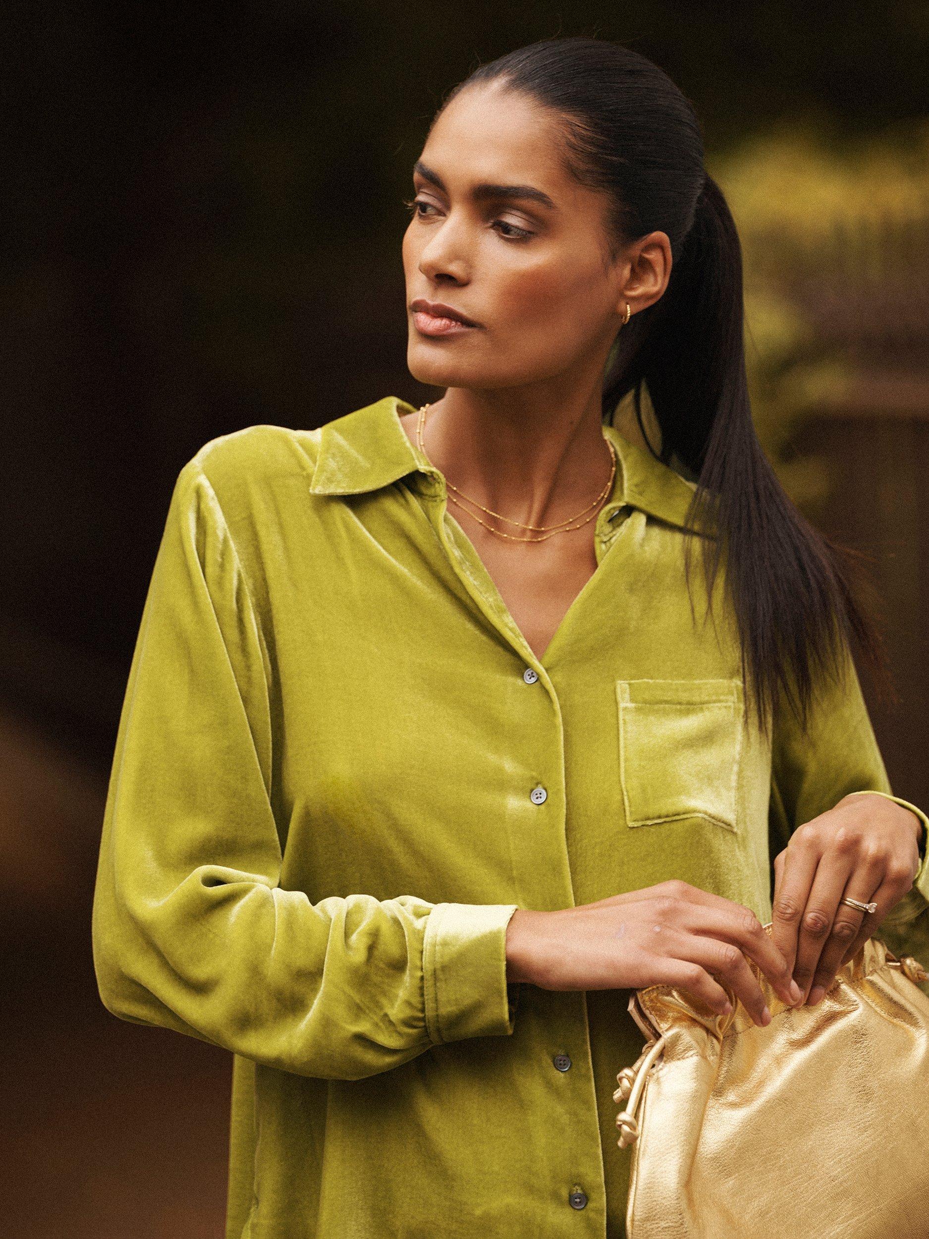 Product image 3 of 7, which shows NRBY Chiara Silk Blend Long Sleeve Collar Blouse, Olive, XS