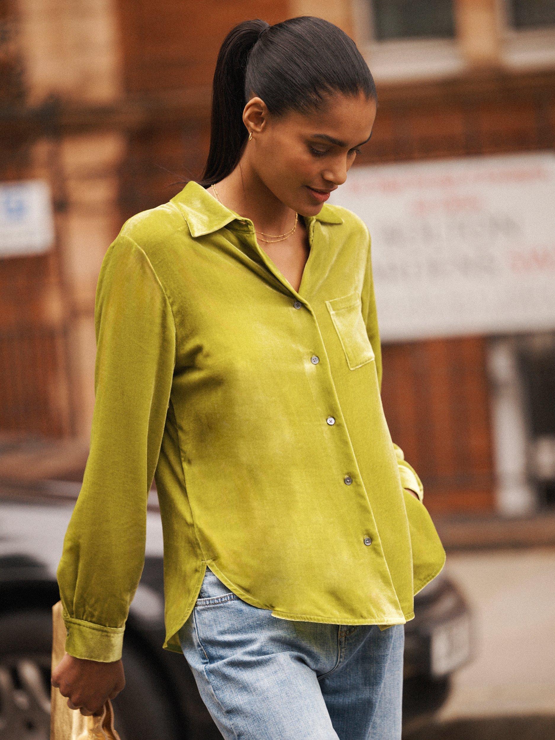 Product image 4 of 7, which shows NRBY Chiara Silk Blend Long Sleeve Collar Blouse, Olive, XS