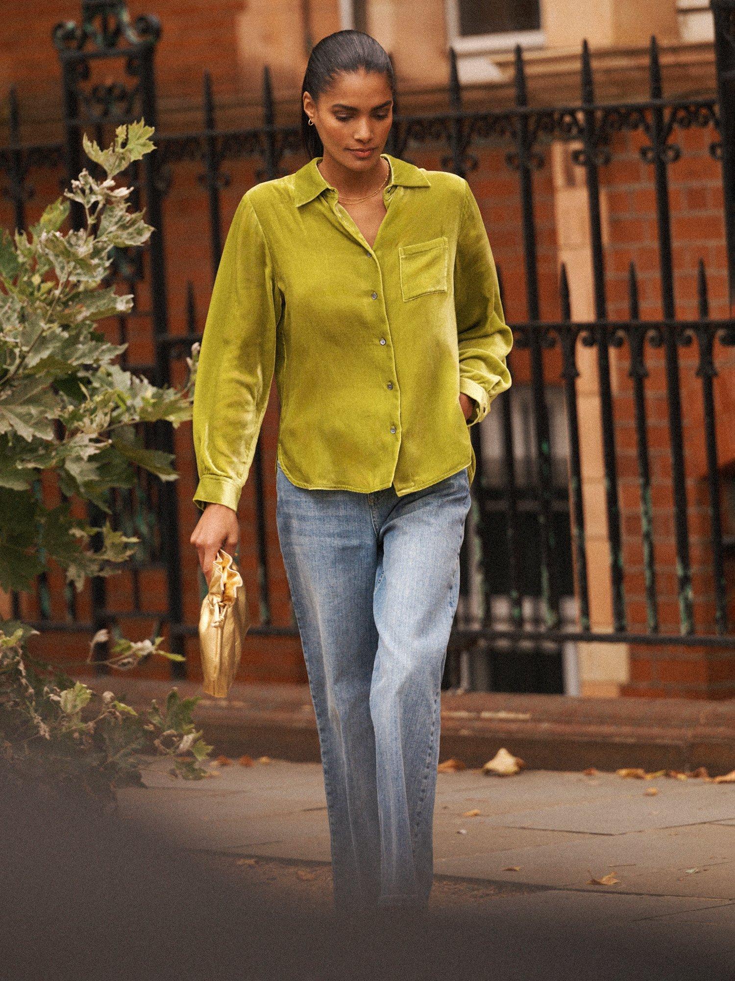Product image 7 of 7, which shows NRBY Chiara Silk Blend Long Sleeve Collar Blouse, Olive, XS