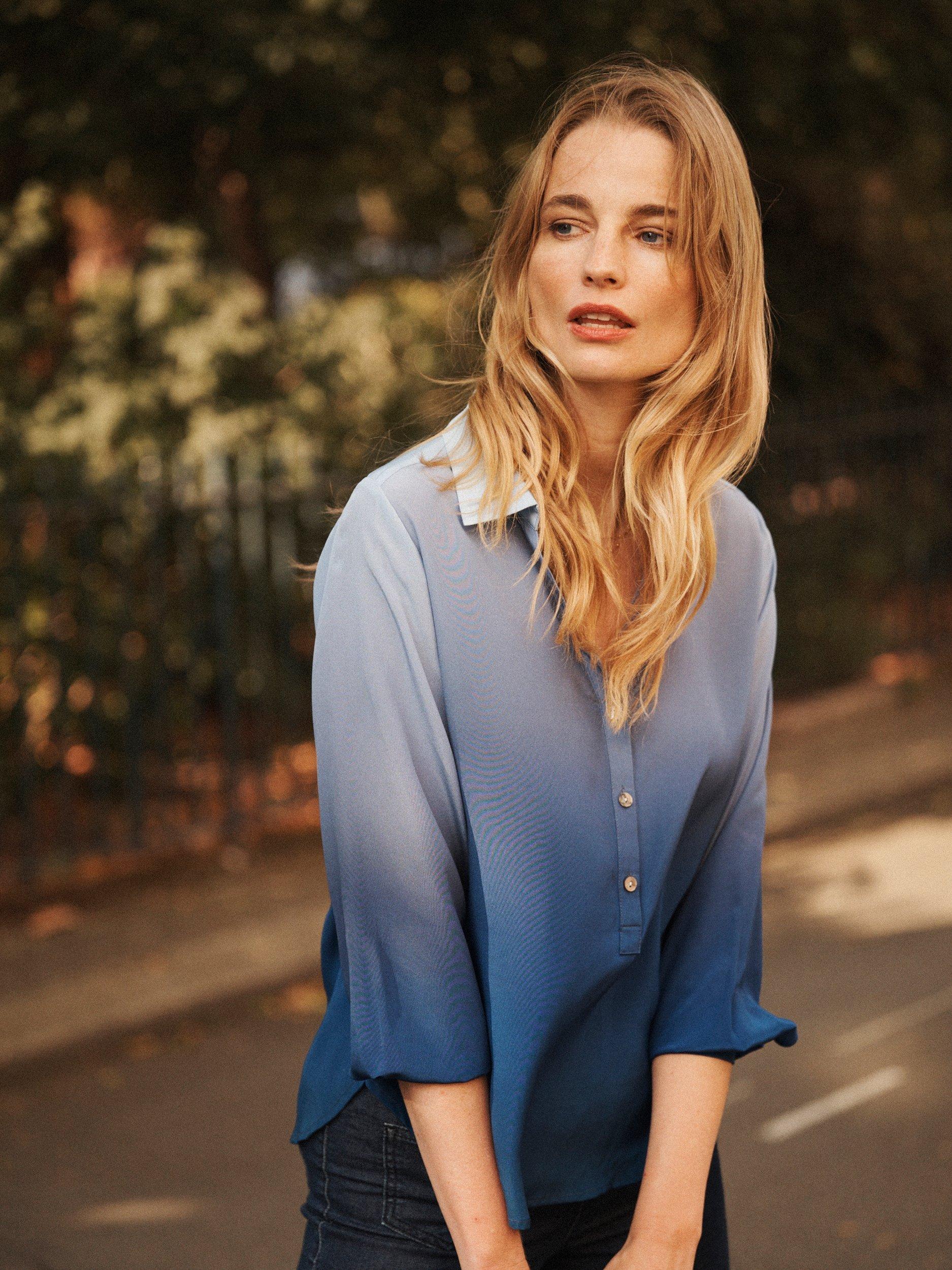 Product image 3 of 6, which shows NRBY Dani Ombre Pure Silk Shirt, Blue, XS