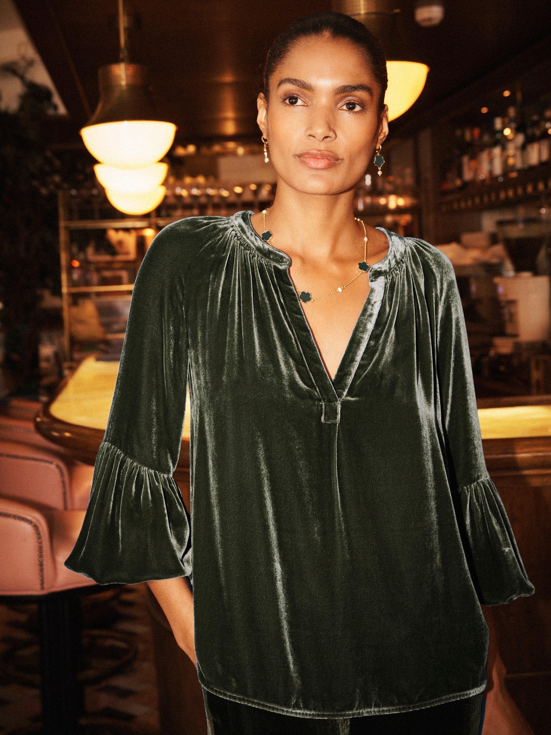 Product image 5 of 7, which shows NRBY Ophelia Velvet Top, Khaki, XS