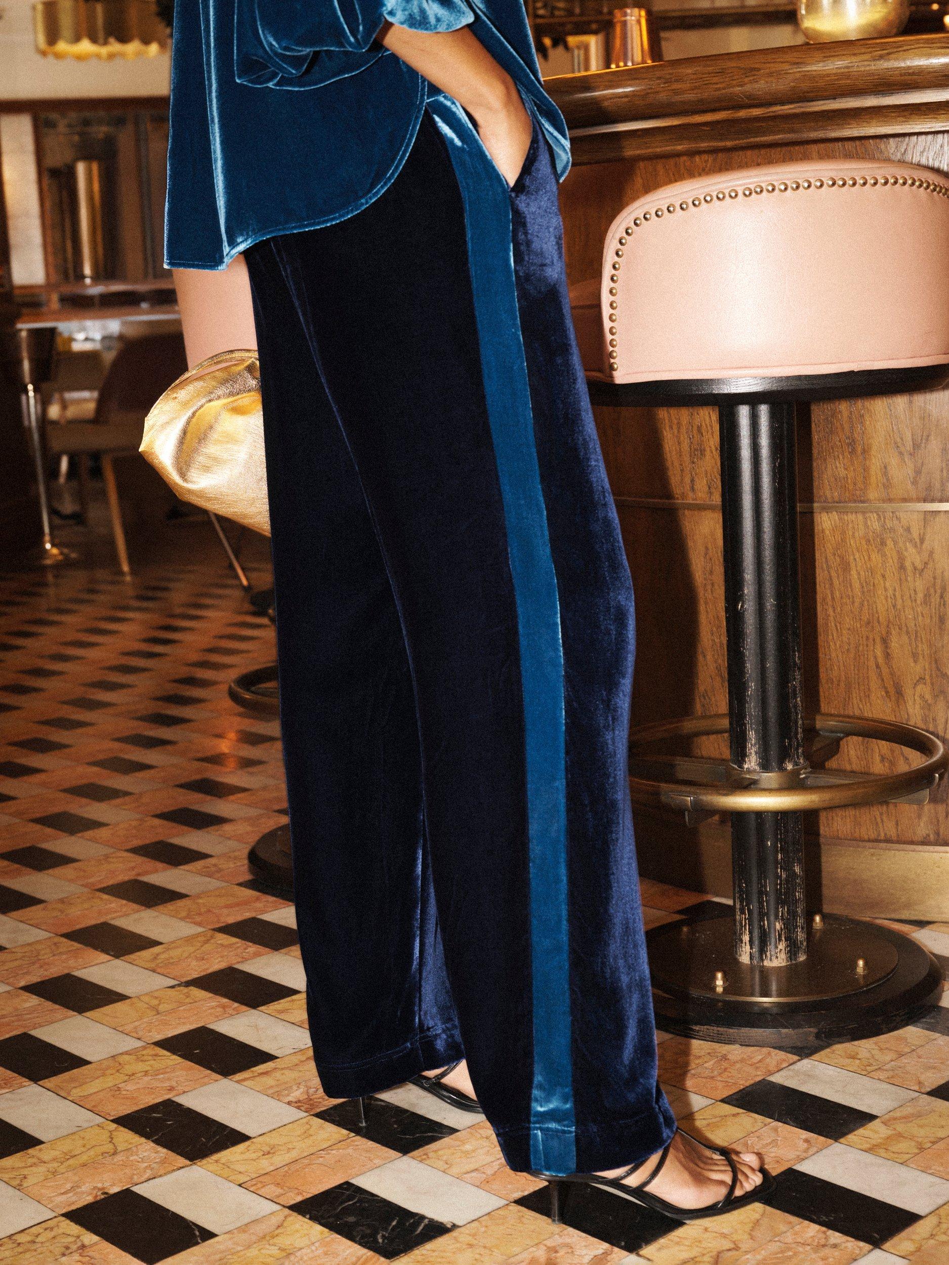 Product image 4 of 5, which shows NRBY Thea Side Stripe Velvet Trousers, Blue, 8