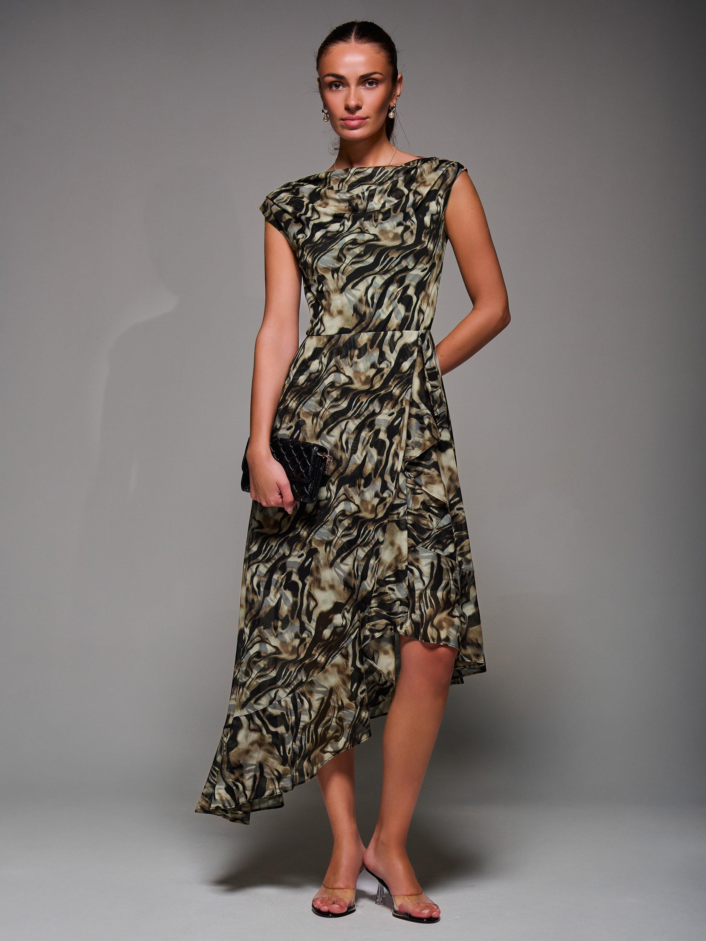 Product image 1 of 6, which shows Jolie Moi Abstract Asymmetric Drape Dress, Brown, 8