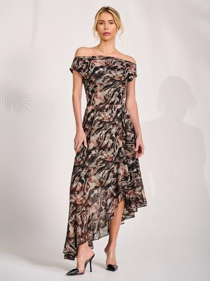 Jolie Moi Abstract Asymmetric Drape Dress, Brown, Brown
