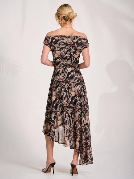 Jolie Moi Abstract Asymmetric Drape Dress, Brown - view 2, Brown