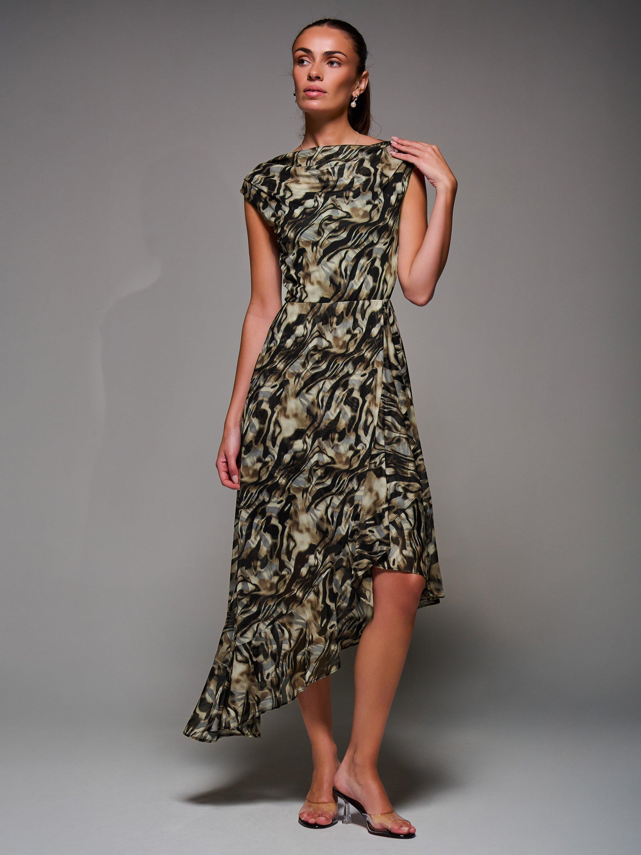 Product image 3 of 6, which shows Jolie Moi Abstract Asymmetric Drape Dress, Brown, 8