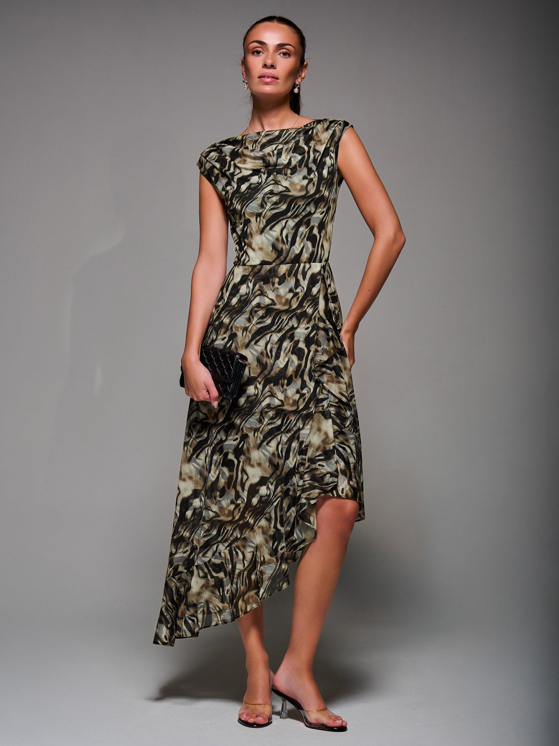 Product image 5 of 6, which shows Jolie Moi Abstract Asymmetric Drape Dress, Brown, 8