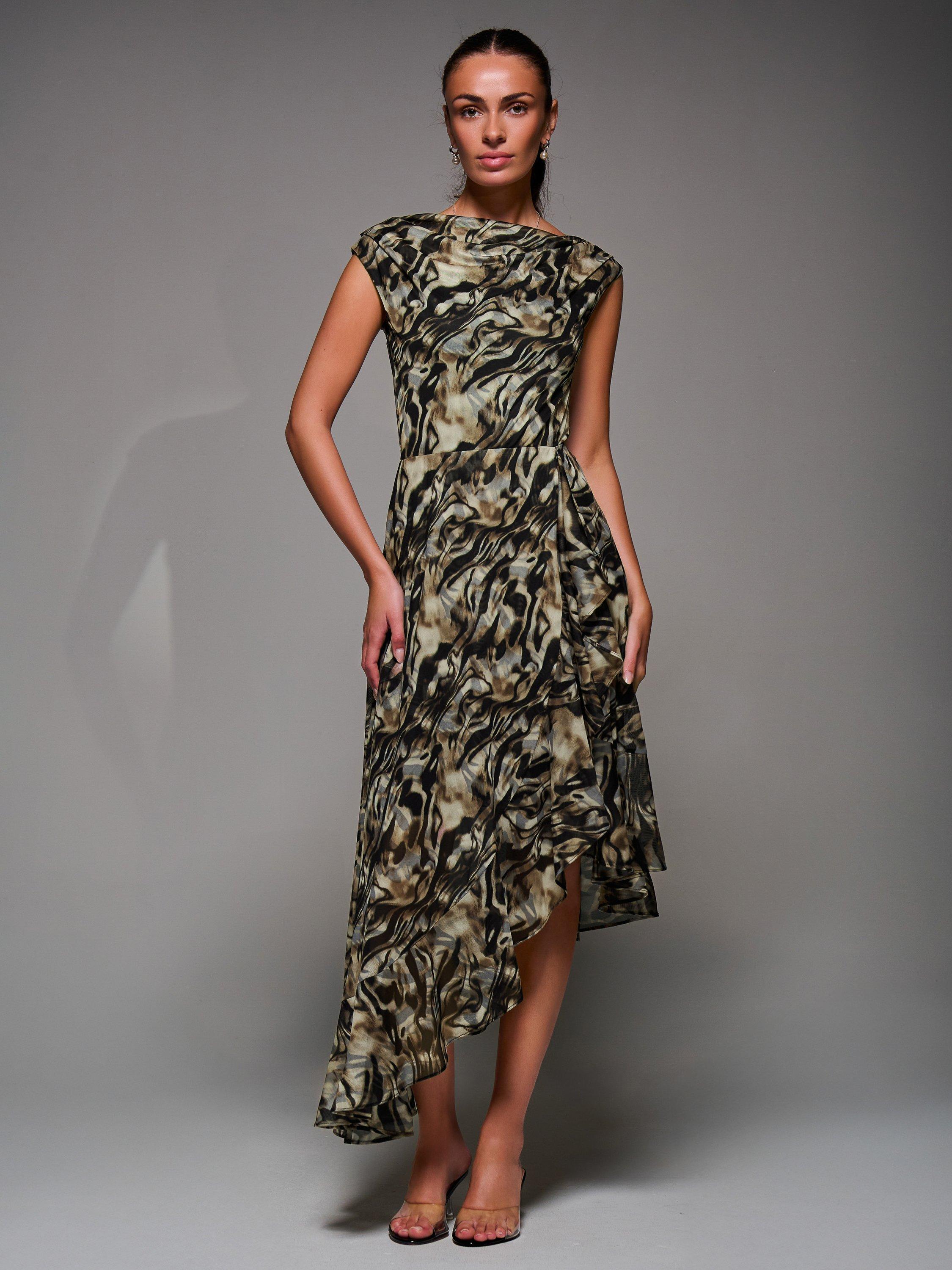 Product image 6 of 6, which shows Jolie Moi Abstract Asymmetric Drape Dress, Brown, 8