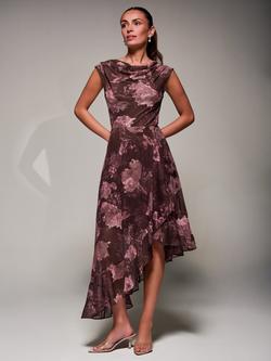 Jolie Moi Floral Drape Asymmetric Dress, Burgundy, Burgundy