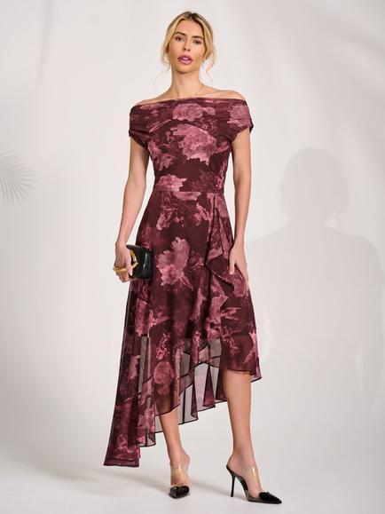 Jolie Moi Floral Drape Asymmetric Dress, Burgundy, Burgundy