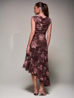 Jolie Moi Floral Drape Asymmetric Dress, Burgundy - view 2, Burgundy