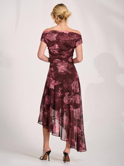 Jolie Moi Floral Drape Asymmetric Dress, Burgundy - view 2, Burgundy