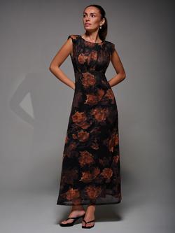 Jolie Moi Floral Fit & Flare Mesh Dress, Amber/Black, Amber/Black